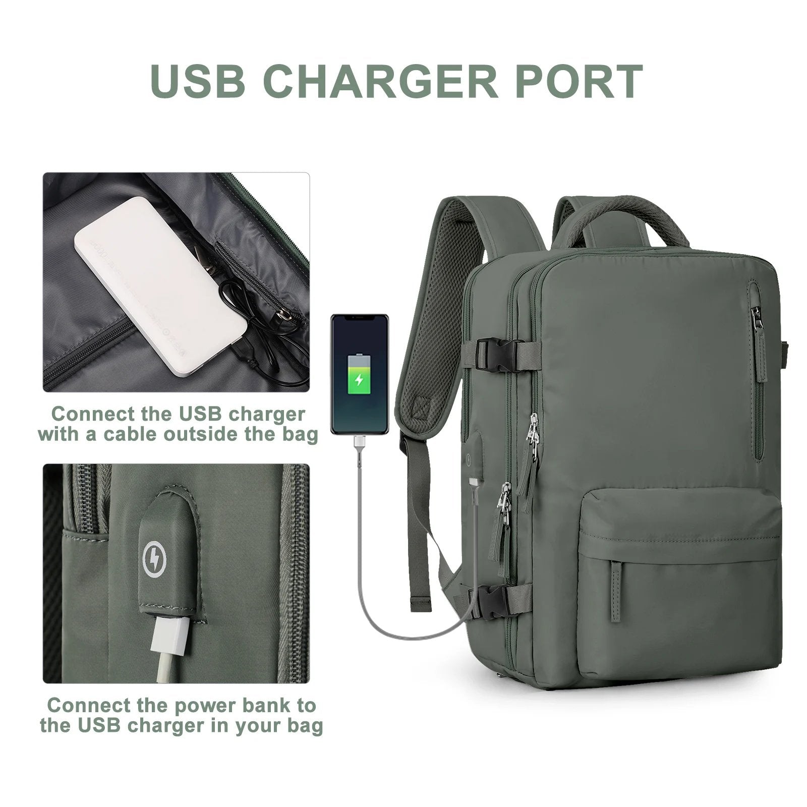 Travel backpack 35 L with USB port and shoe compartment