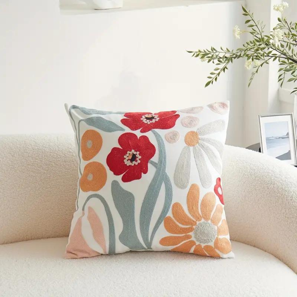 Pillowcase with embroidered floral and botanical pattern
