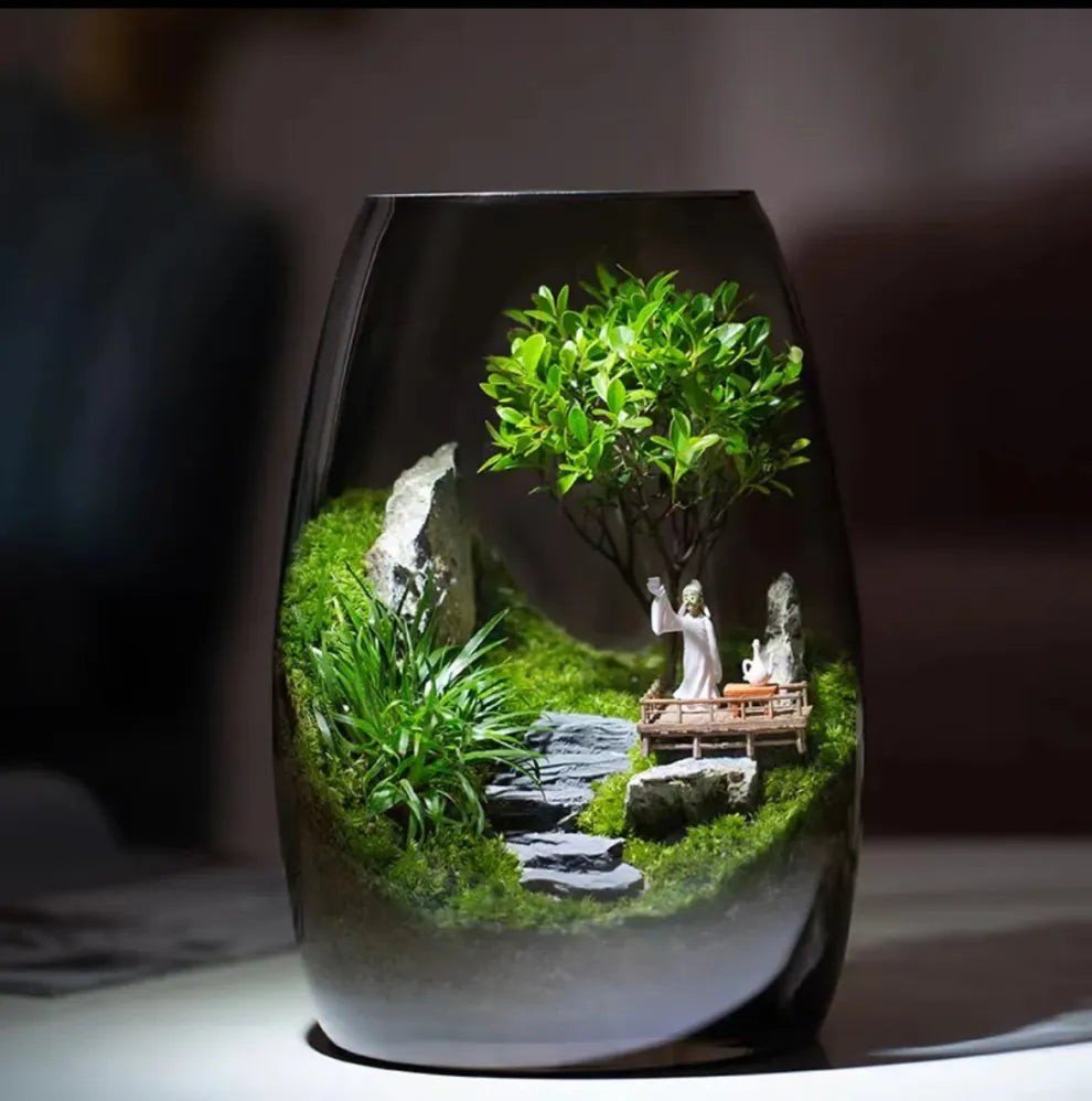 Moos-Terrarium mit Miniaturlandschaft im Glas