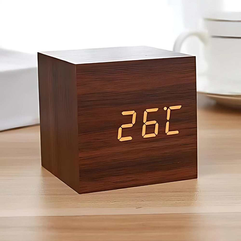 Digital LED cube alarm clock with temperature display