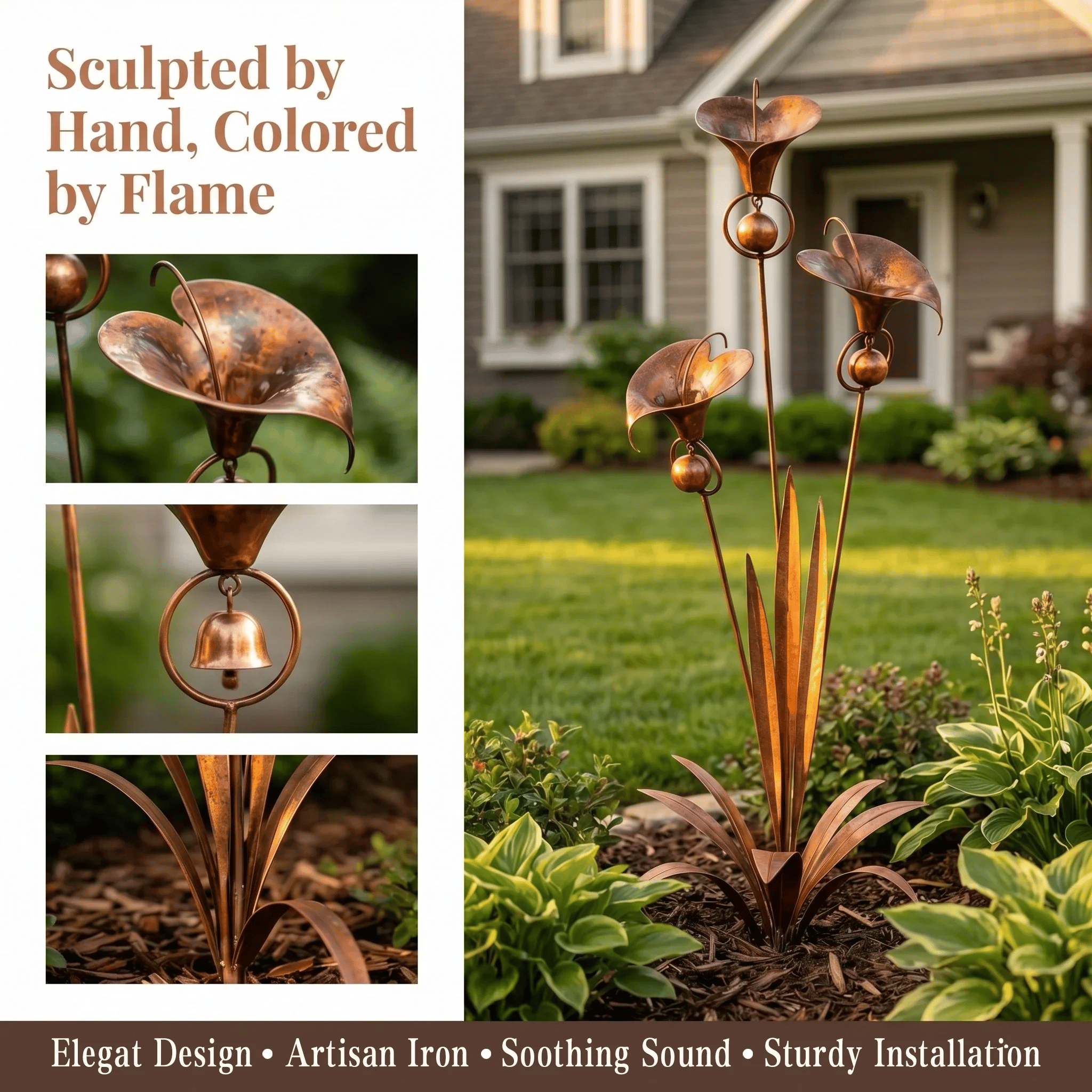 Gartenstecker Kupfer Calla-Lilien mit Glöckchen 61 cm hoch
