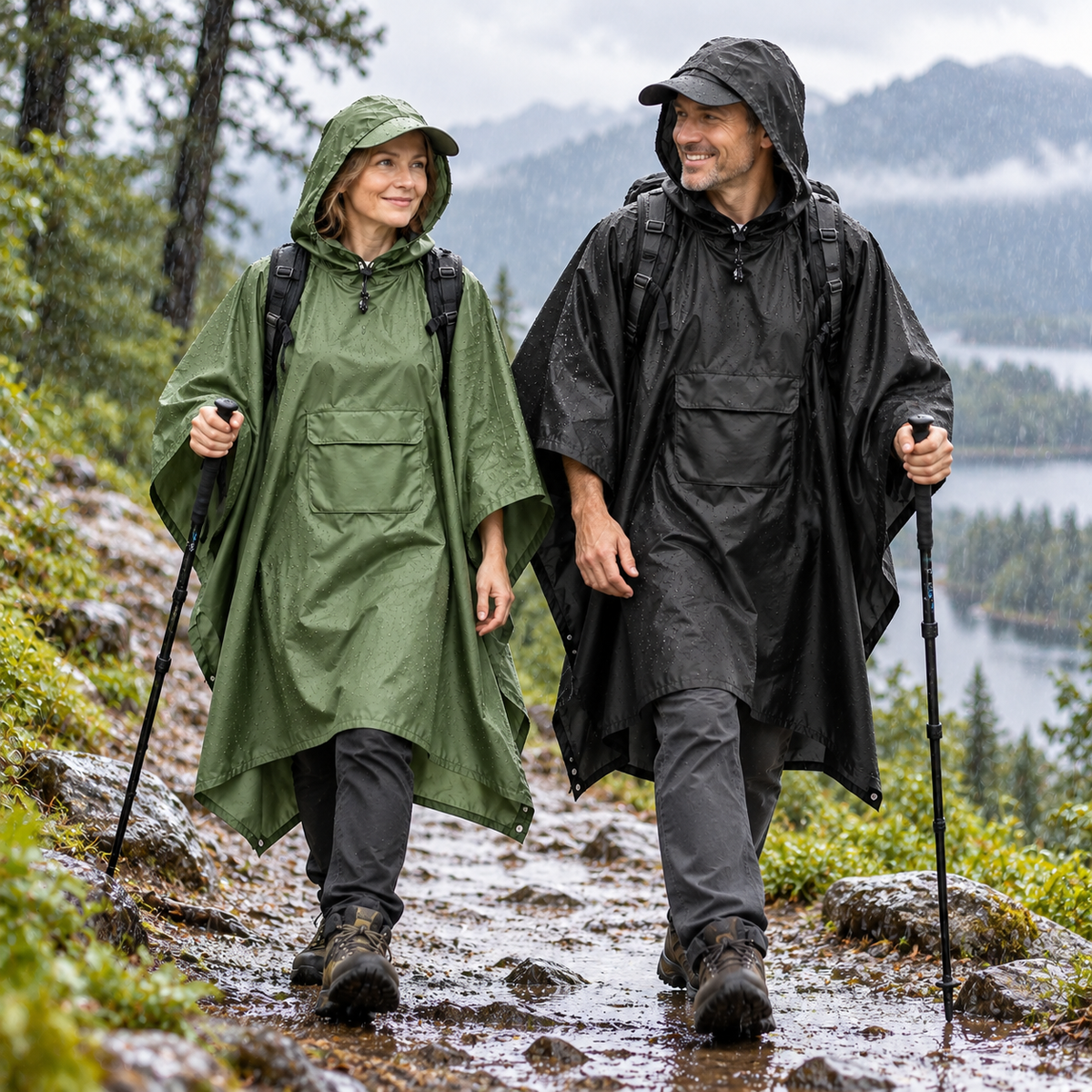 Regenponcho mit Kapuze und Fronttasche, faltbar – 210 × 140 cm