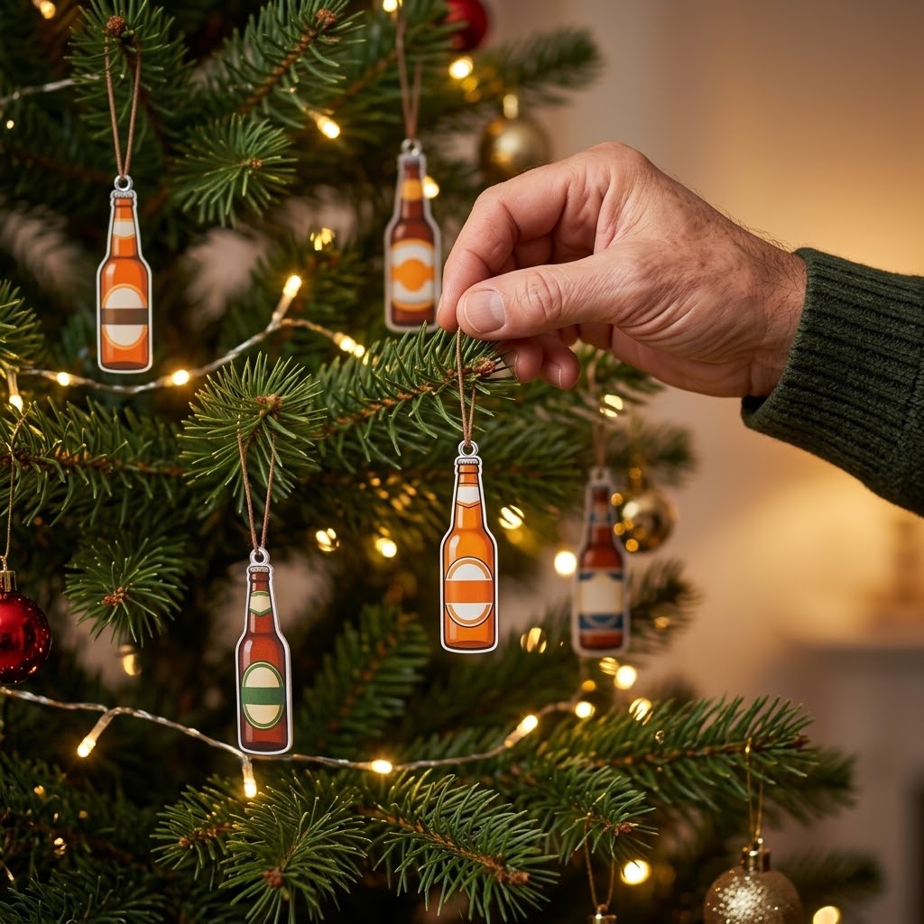 Beer Advent calendar 2026 with 24 flat beer bottle ornaments (approx. 3.9 cm), including hanging ribbons