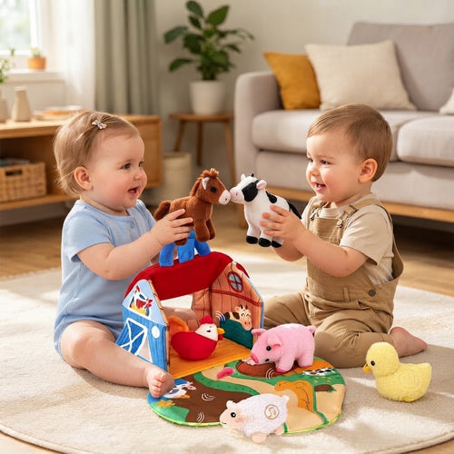 Baby Bauernhof-Spielset aus Plüsch mit 6 Tieren, Tiersound und Tragegriff, ab 6 Monaten