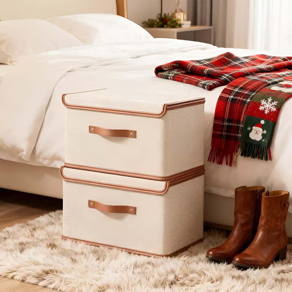 Foldable storage box with lid and leather handles