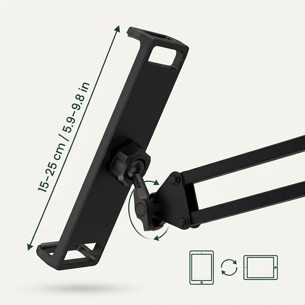 Tablet and phone holder for bed with spring arm - headboard mounting plate, for devices 15–25 cm