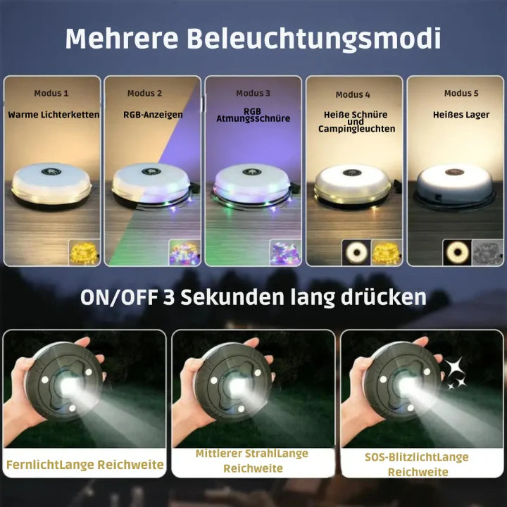 Campinglampe mit 10m RGB-Lichterkette – Atmosphäre & Sicherheit für jeden Trip