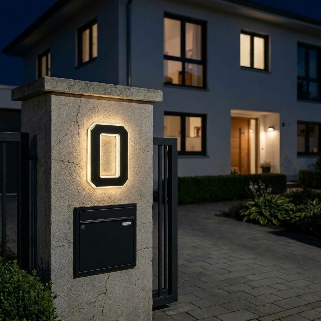 Solar house number sign with LED lighting