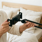Tablet and phone holder for bed with spring arm - headboard mounting plate, for devices 15–25 cm