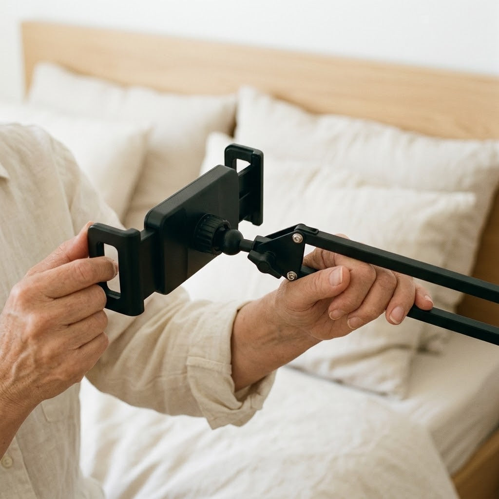 Tablet and phone holder for bed with spring arm - headboard mounting plate, for devices 15–25 cm