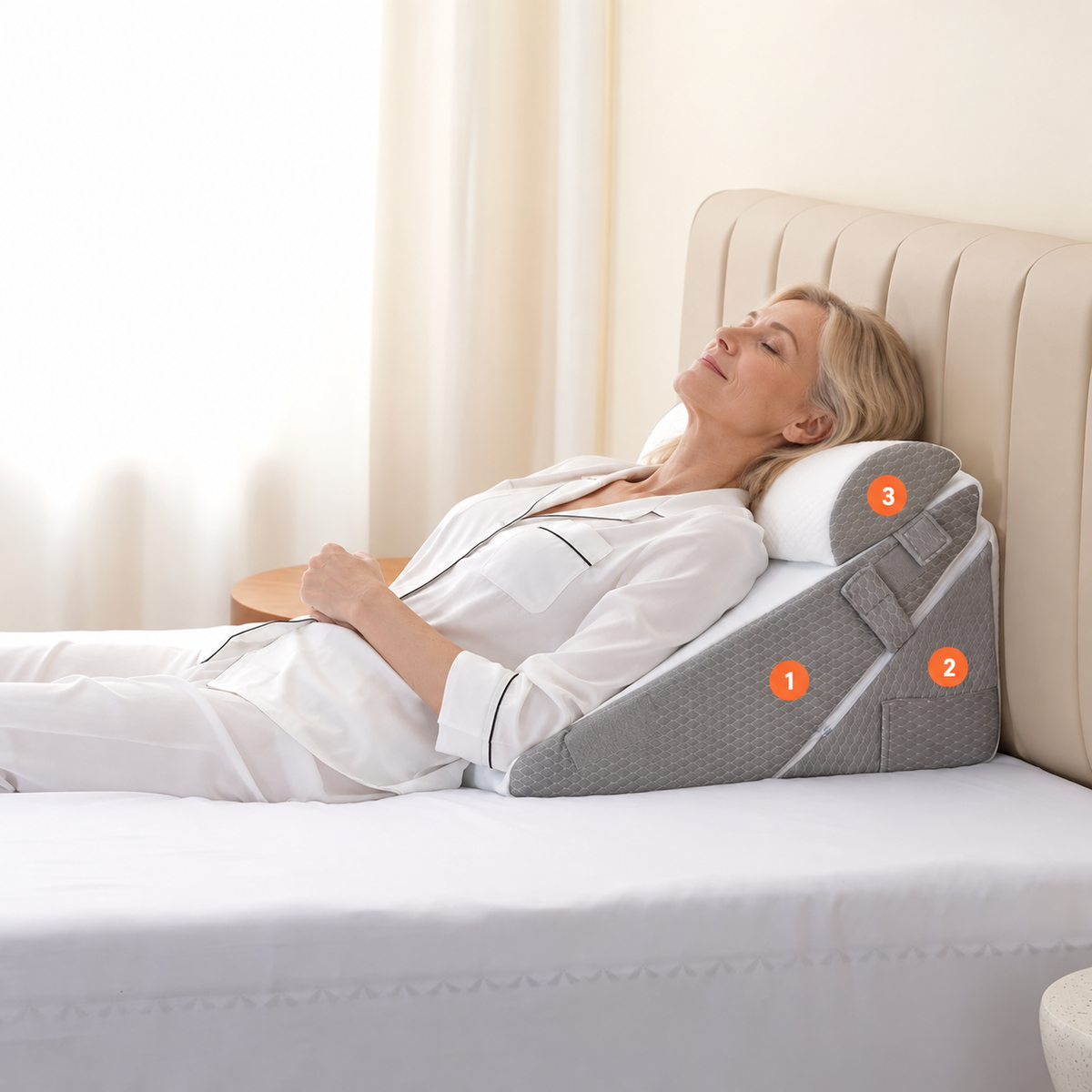 Adjustable wedge pillow for bed with neck roll