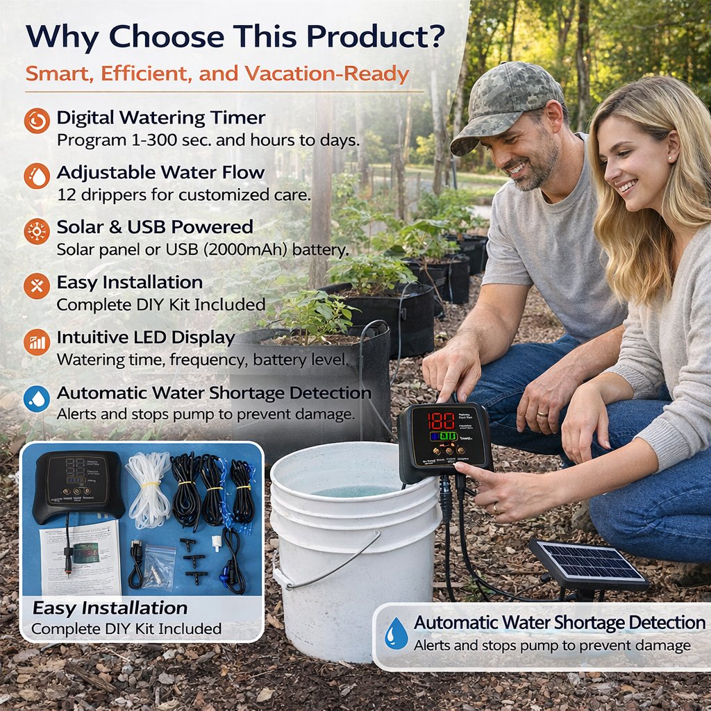 Solar watering system for 12 plants with digital timer
