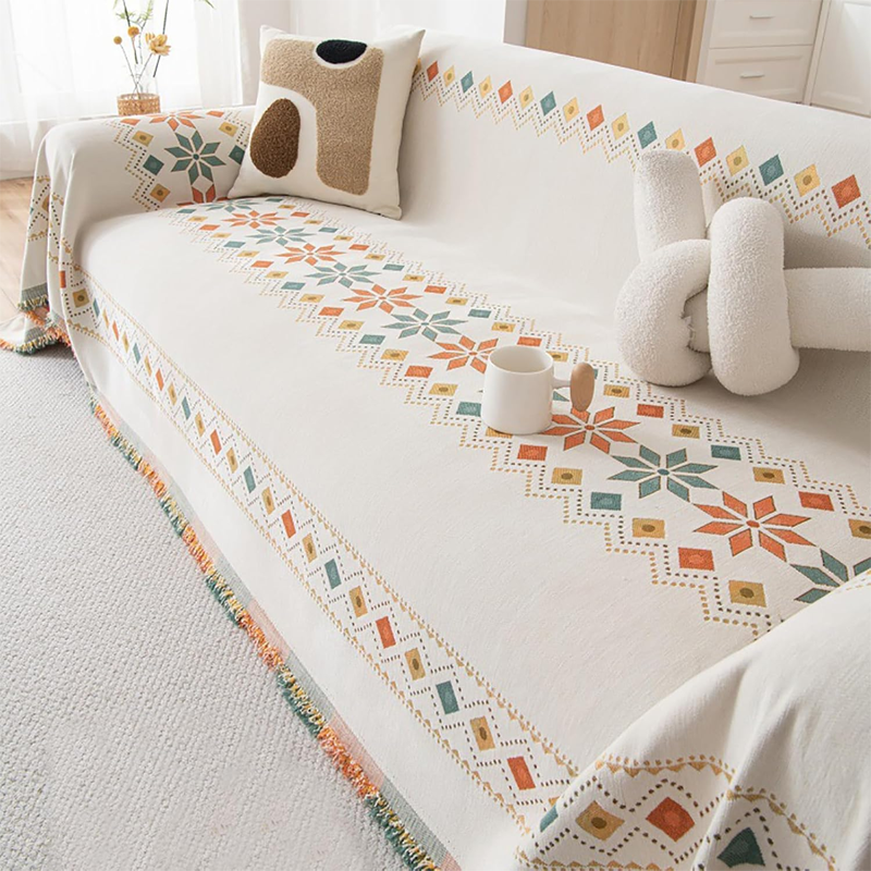 Chenille Sofa Cover with Fringes – Reversible, Geometric Pattern