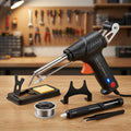 Soldering gun with automatic solder wire feed - Complete set with soldering stand, desoldering pump & solder