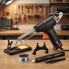 Soldering gun with automatic solder wire feed - Complete set with soldering stand, desoldering pump & solder