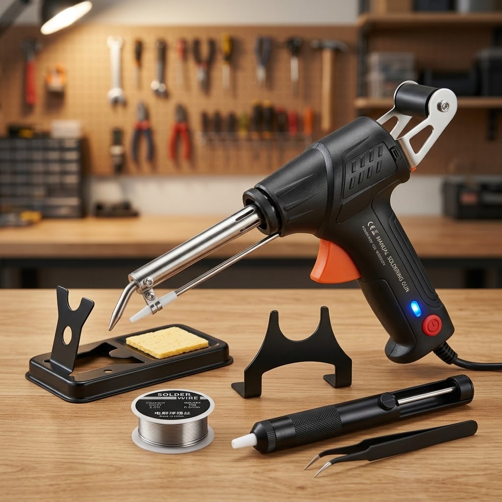 Soldering gun with automatic solder wire feed - Complete set with soldering stand, desoldering pump & solder