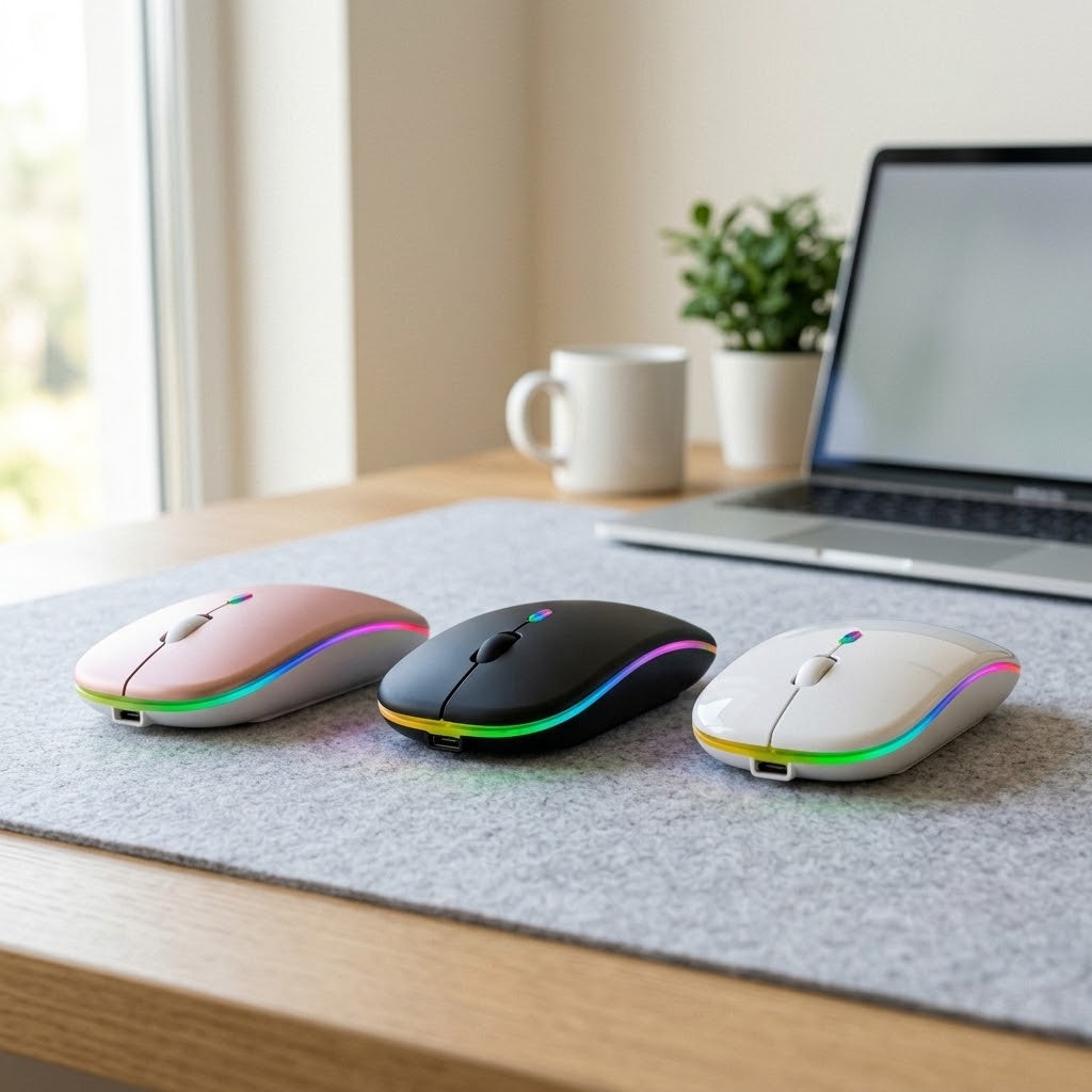 Quiet wireless mouse, Bluetooth 5.2 and USB receiver, rechargeable, RGB