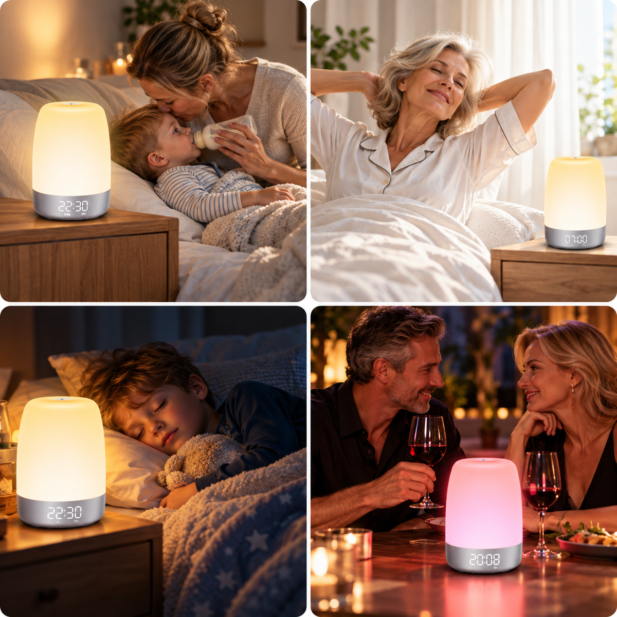 Nachttischlampe mit Wecker und Farbwechsel-Licht