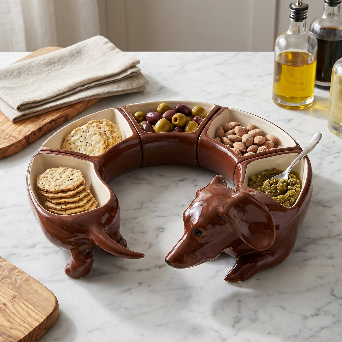 Keramik-Snackschalen Dackel 5-teilig Ø 25 cm – Braun, glasiert, für Küche und Esstisch – Mivoza