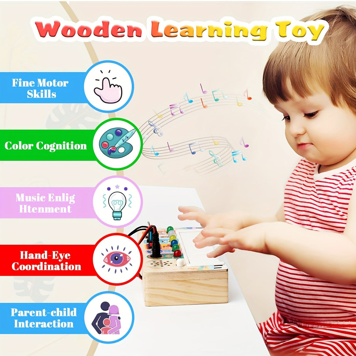 Wooden music learning toy with keys and lights