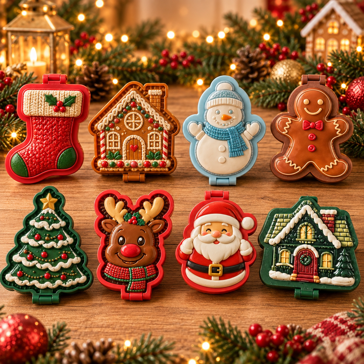 Christmas cookie & mini pie embossing mold with flip-open design - 3D motifs, 8 designs