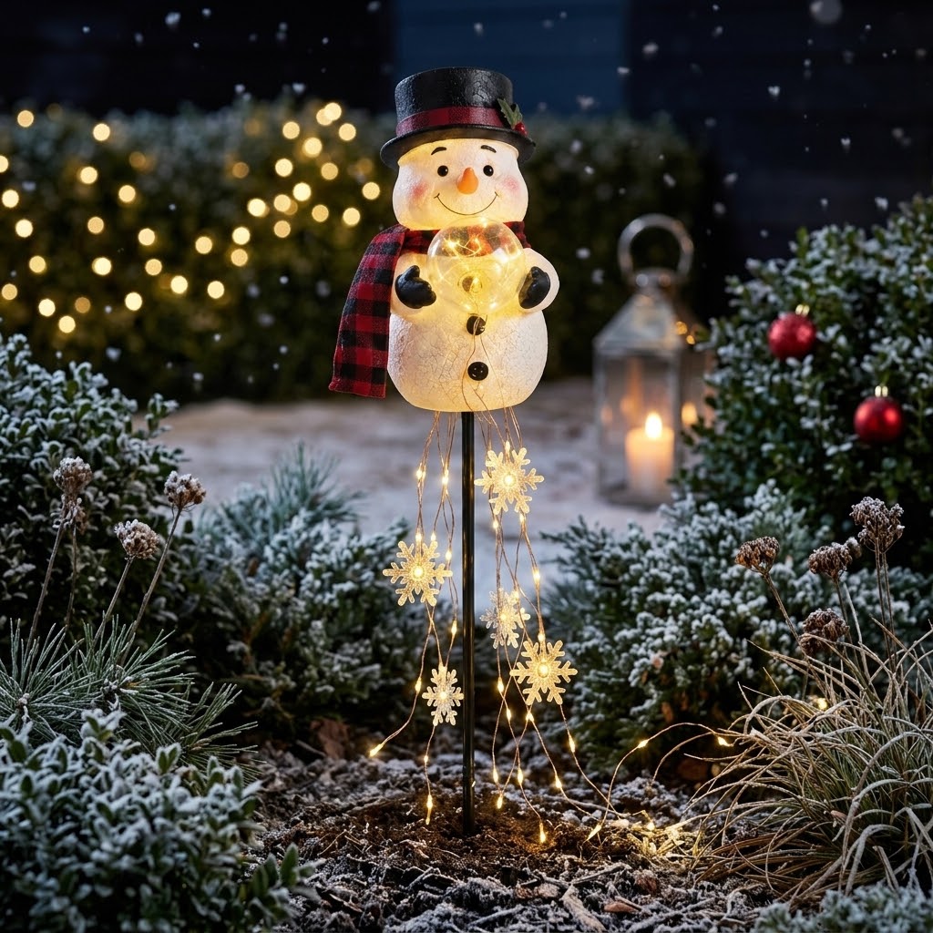 Solar snowman garden stake with light-up globe & snowflake string lights, warm white