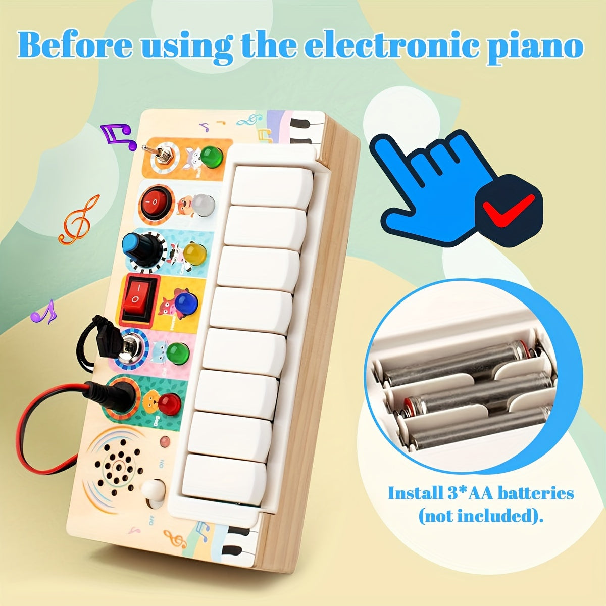 Wooden music learning toy with keys and lights