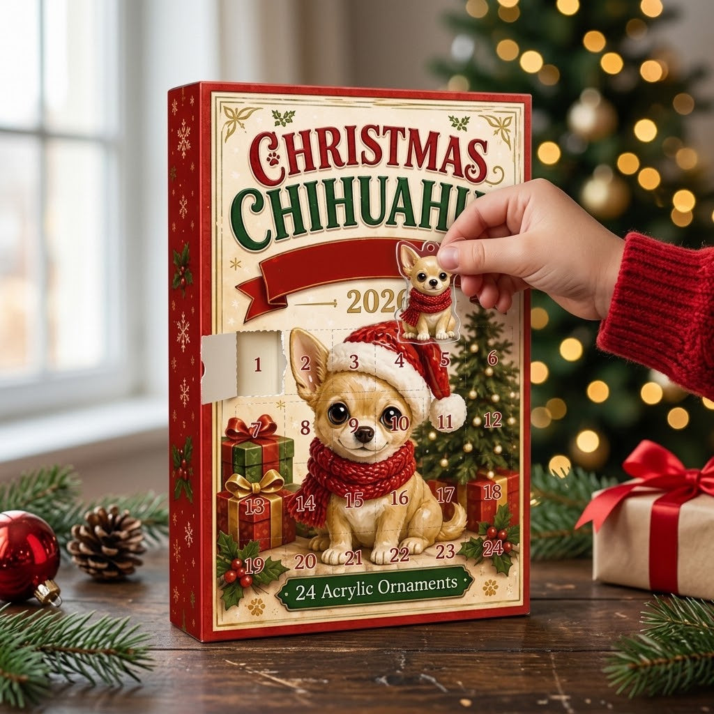 Chihuahua Advent calendar with 24 acrylic ornaments for the Christmas tree