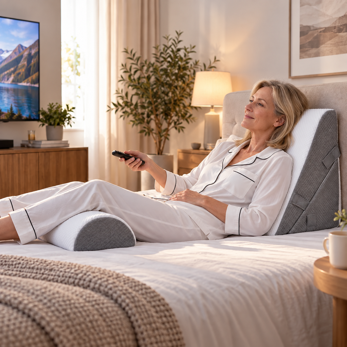 Adjustable wedge pillow for bed with neck roll