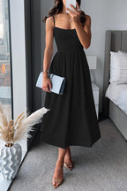 A-line midi dress with spaghetti straps and waist belt