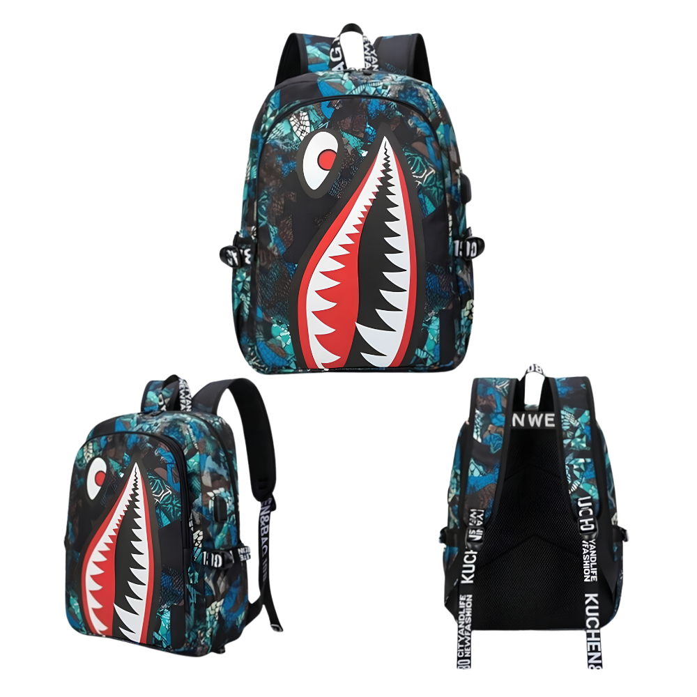 Kinder-Rucksack Hai-Motiv mit USB-Anschluss