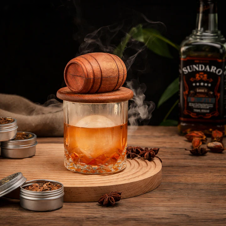 Cocktail smoker in whiskey barrel design — smoky aroma in 60 seconds