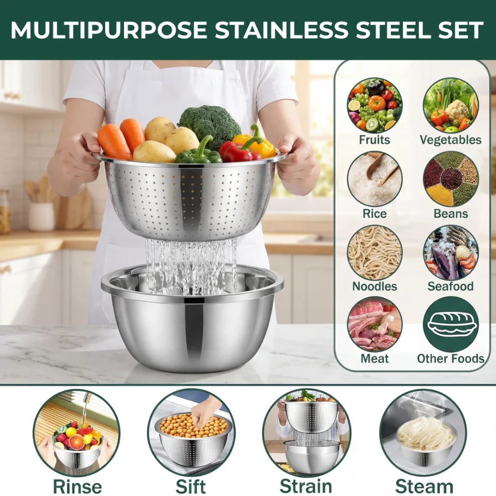 Stainless Steel Bowl Set with Grater and Sieve – 3 in 1
