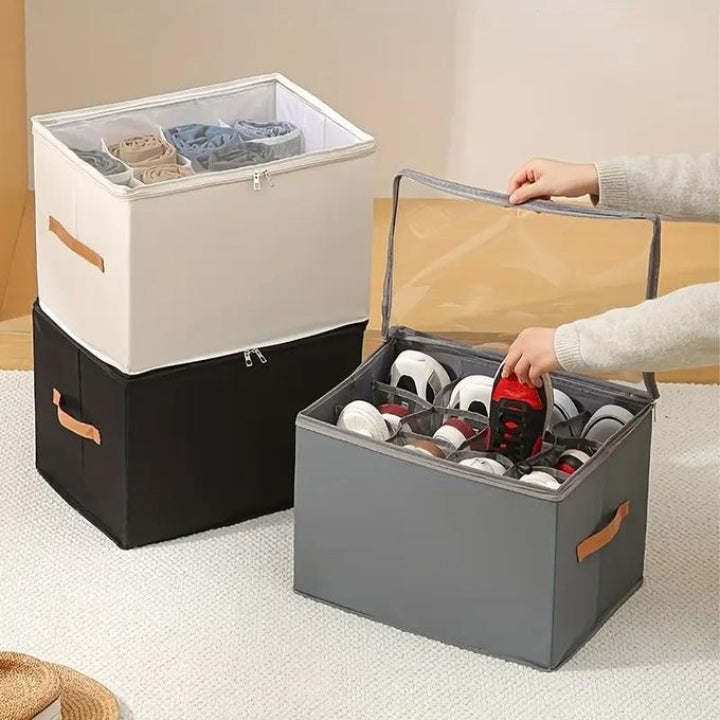 Foldable shoe organizer with leather handle & transparent lid