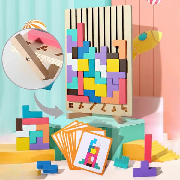 Wooden Tetris puzzle – Colorful building game from 5 years