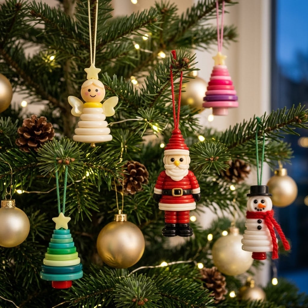 DIY Christmas ornaments made from buttons, craft kit with thread and accessories