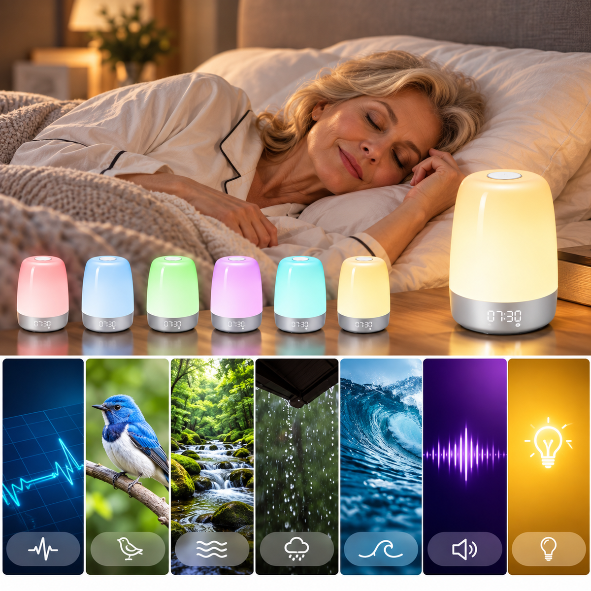 Nachttischlampe mit Wecker und Farbwechsel-Licht