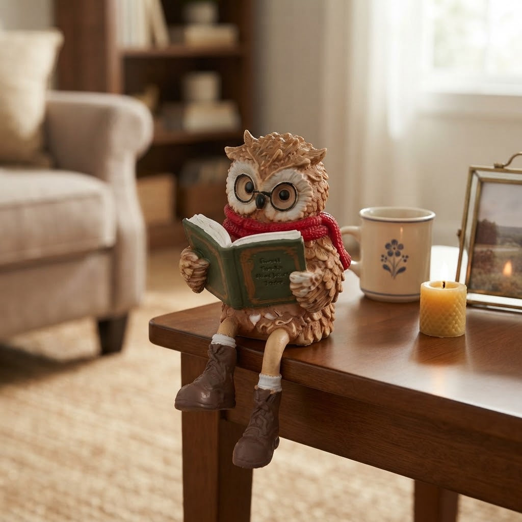 Owl edge-sitter figurine with book, glasses and scarf – 15 cm