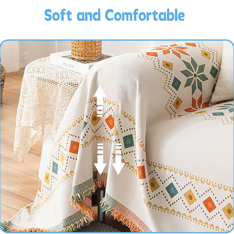 Chenille Sofa Cover with Fringes – Reversible, Geometric Pattern