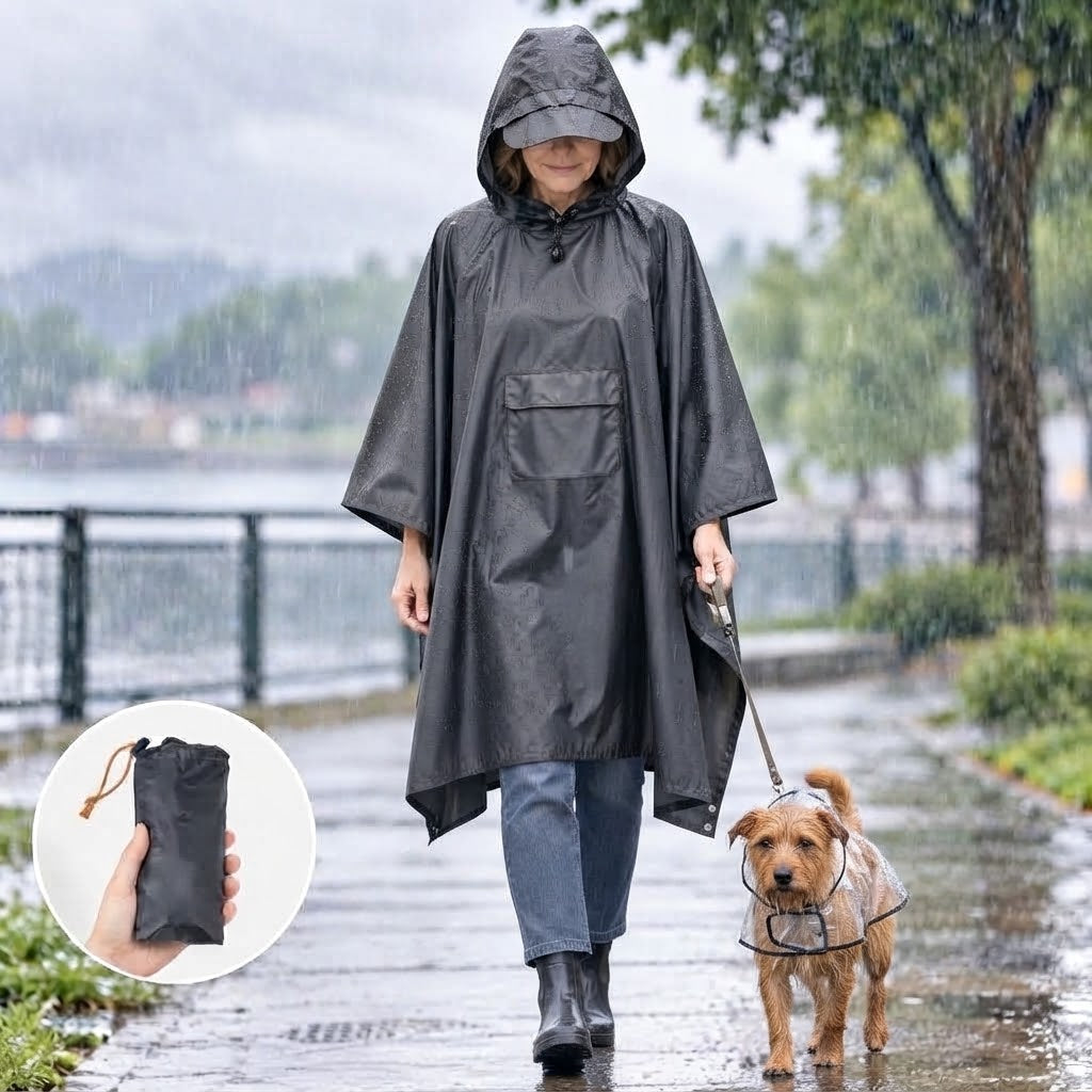 Regenponcho mit Kapuze und Fronttasche, faltbar – 210 × 140 cm
