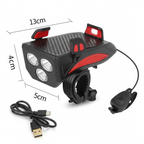 4-in-1 Fahrradlampe mit Handyhalterung, Powerbank und Hupe – USB aufladbar, IPX4