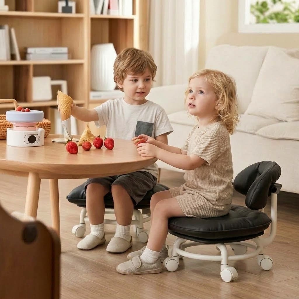 Gepolsterter Rollhocker mit Rückenlehne, 4× 360°-Lenkrollen, Sitzhöhe 22 cm