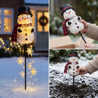 Solar snowman garden stake with light-up globe & snowflake string lights, warm white