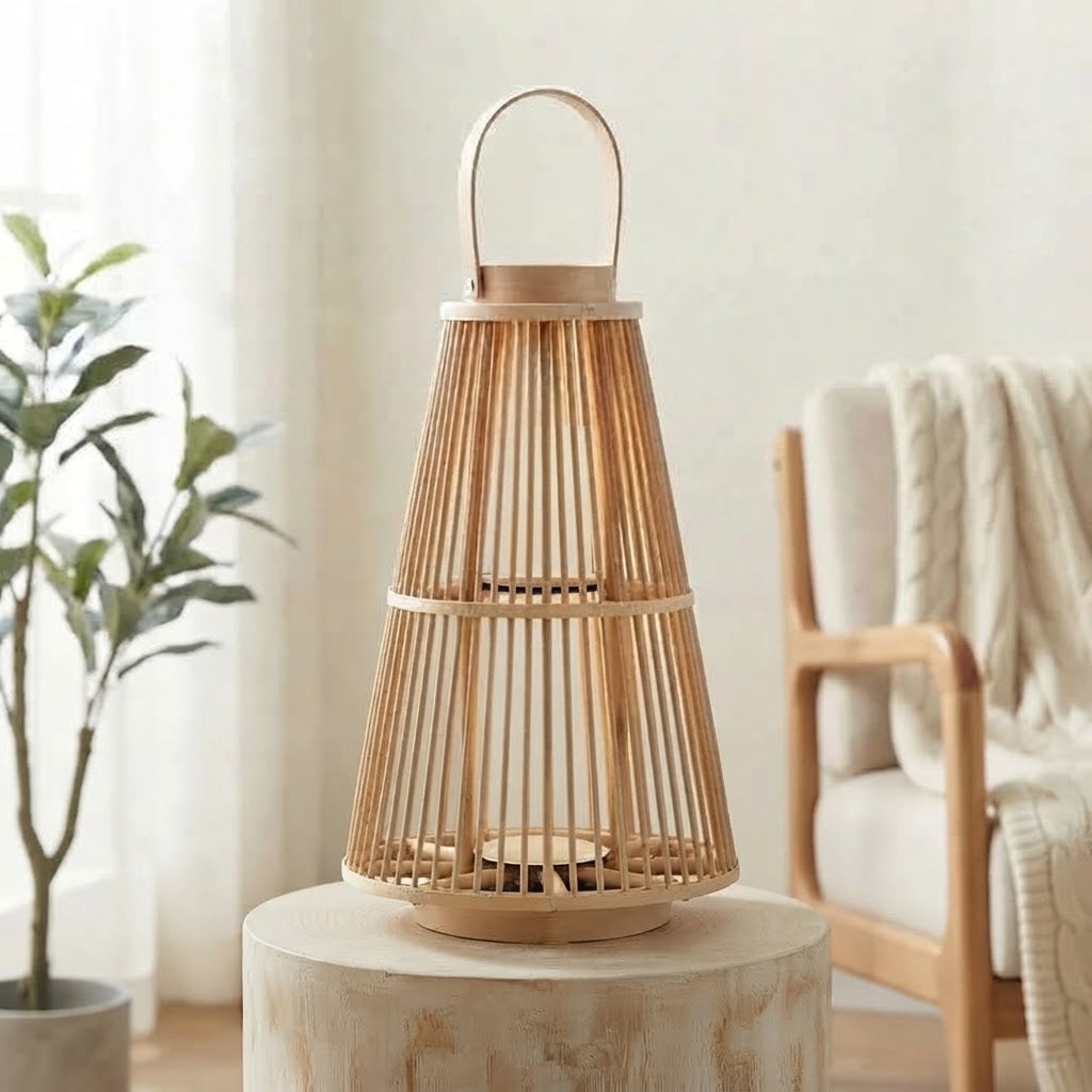 Rattan lantern with LED candle, handwoven, flameless — in oval, round, or pyramid shapes