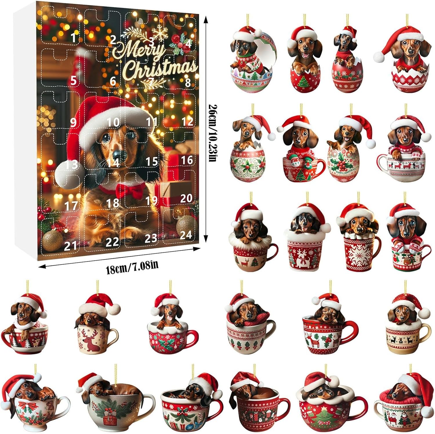 Christmas Advent calendar with 24 dachshund acrylic charms