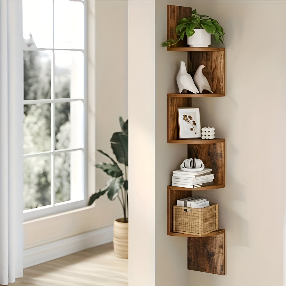 Eckregal 5 Ebenen – Rustikales Holz im Zickzack-Design