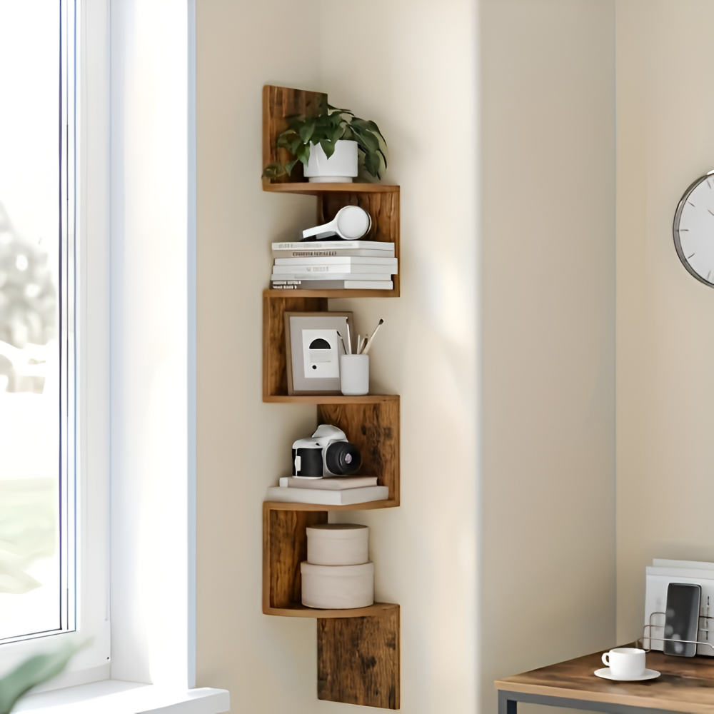Eckregal 5 Ebenen – Rustikales Holz im Zickzack-Design