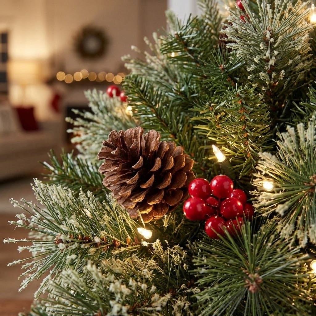 Weihnachtsgesteck beleuchtet mit Tannenzapfen & Beeren, Dreibein-Stab, 45 x 68 cm