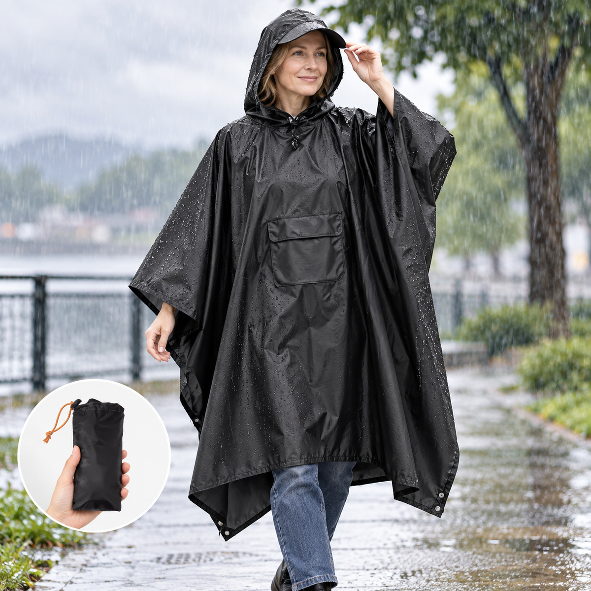 Regenponcho mit Kapuze und Fronttasche, faltbar – 210 × 140 cm