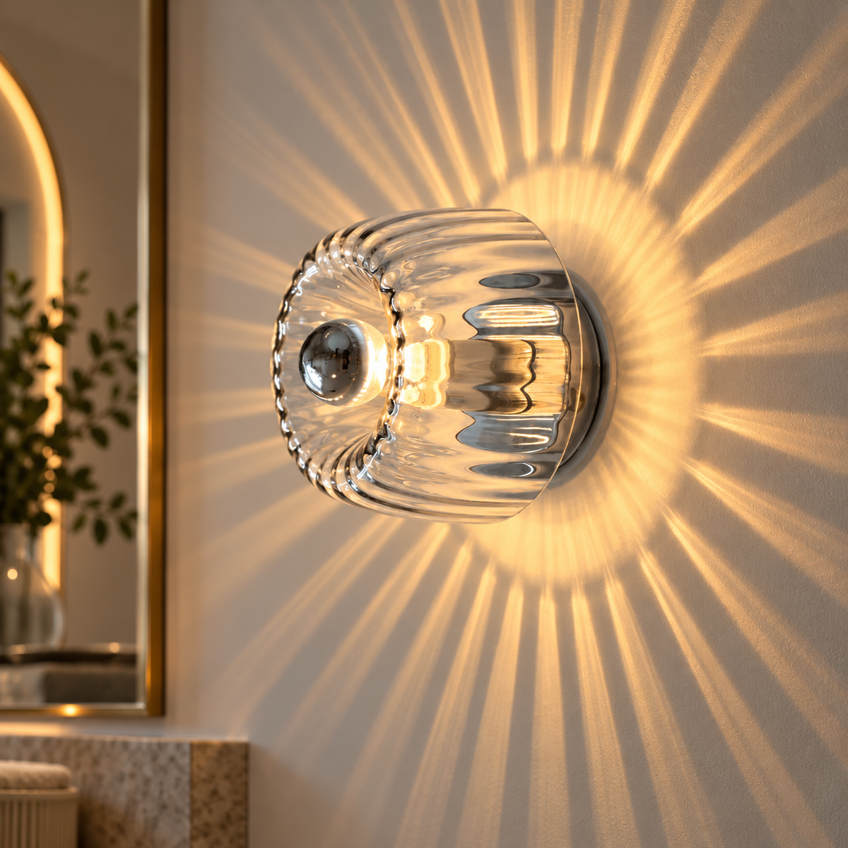 Wandlampe Glas Bauhaus-Stil mit Sunburst-Lichteffekt